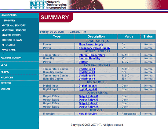 ENVIROMUX-SEMS-16 Summary Screen