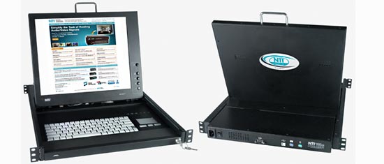USB KVM Drawer combining a rackmount LCD monitor, keyboard, and touchpad mouse