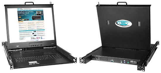 20 inch rackmount USB KVM Drawer combining a LCD monitor, keyboard, and touchpad mouse