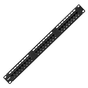 1RU patch panel with 24 cat6 RJ45 connectors installed, 110 style connector block terminates 23 or 24 awg wires