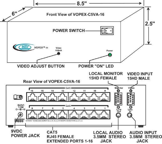 VGA Video + Audio Splitter/Extender via CAT5 (VOPEX-C5VA-16)
