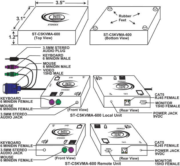CAD Drawing - KVM Extender with Stereo Audio via CAT5 (ST-C5KVMA-600)