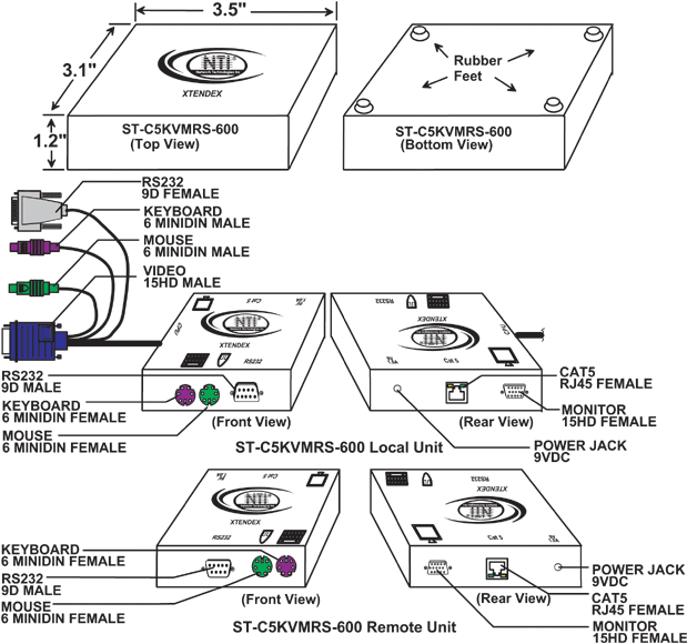 CAD Drawing - KVM RS232 Extender via CAT5 (ST-C5KVMRS-600)