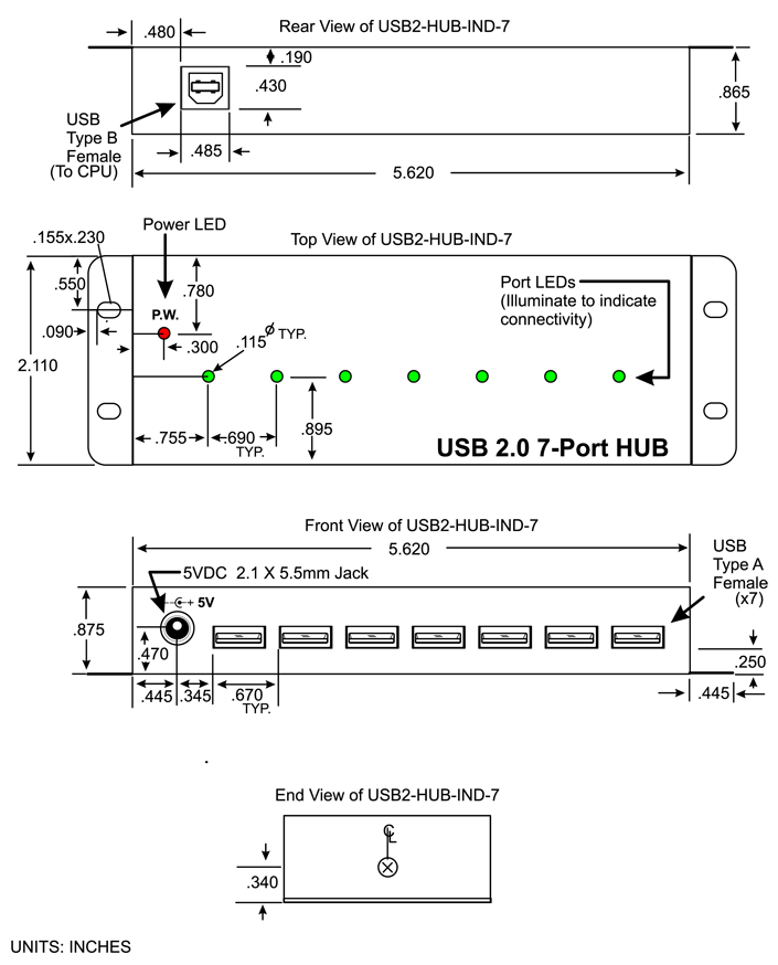 CAD Drawing - Industrial USB 2.0 Bus-Powered Hub, 7 Port (USB2-HUB-IND-7)