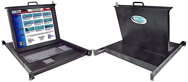 USB KVM Drawer combining a LCD monitor, USB keyboard and touchpad mouse in an industrial strength drawer.