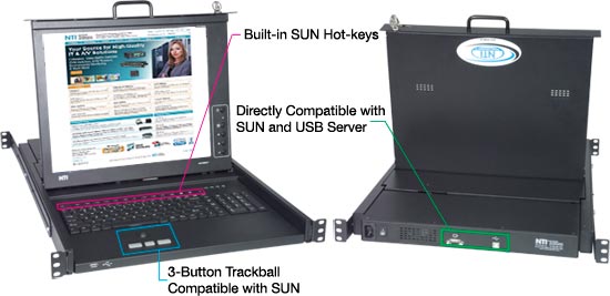 Rack Mount LCD Monitor Keyboard Drawer with SUN USB keyboard and 3-button trackball fits in 1RU of rack space.