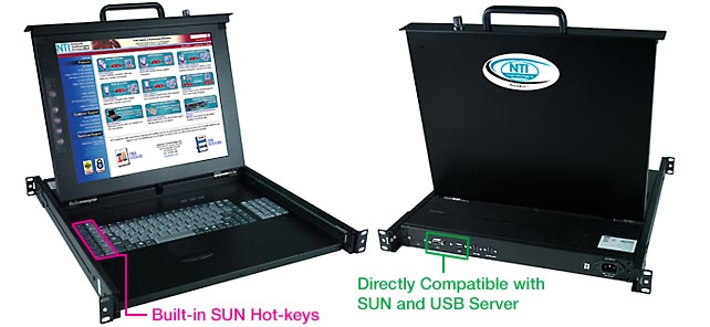 Rack Mount LCD Monitor Keyboard Drawer with SUN USB keyboard and 3-button trackball fits in 1RU of rack space.