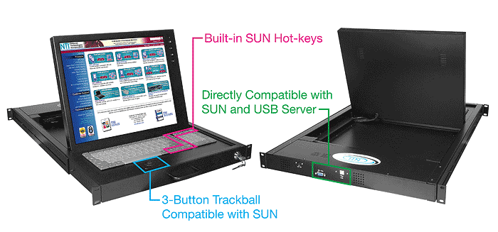 Rack Mount LCD Monitor Keyboard Drawer with SUN USB keyboard and 3-button trackball fits in 1RU of rack space.